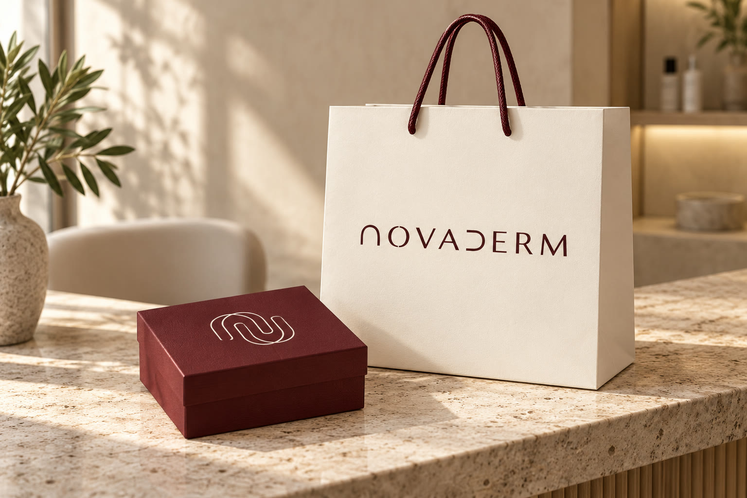 Een papieren tas en cadeaudoosje van NovaDerm Group