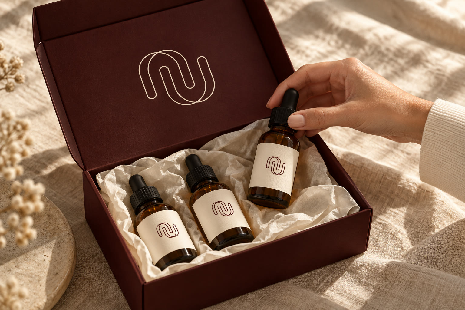 Een bordeaux verzenddoos van NovaDerm Group met serums
