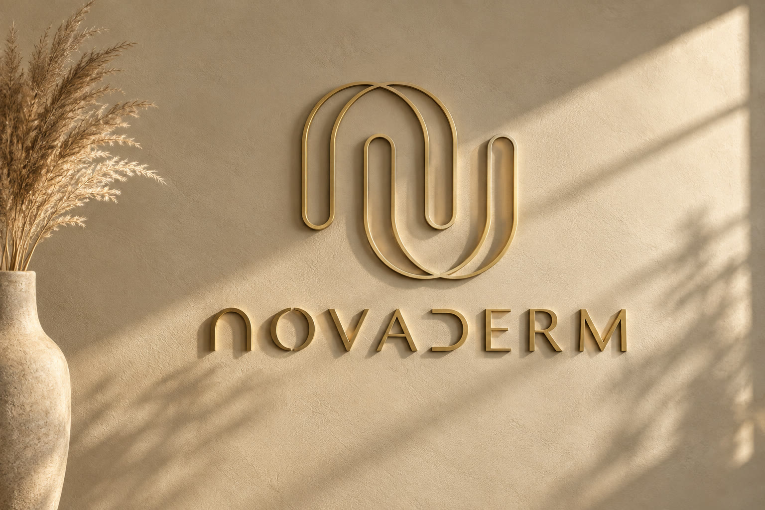 Het messing monogram van NovaDerm Group aan de wand