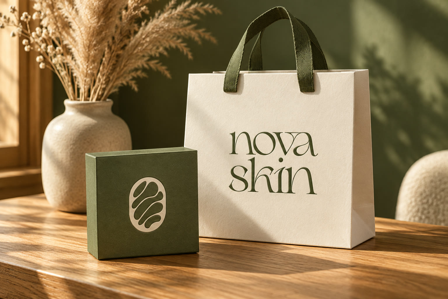 Een papieren tas en cadeaudoos van NovaSkin