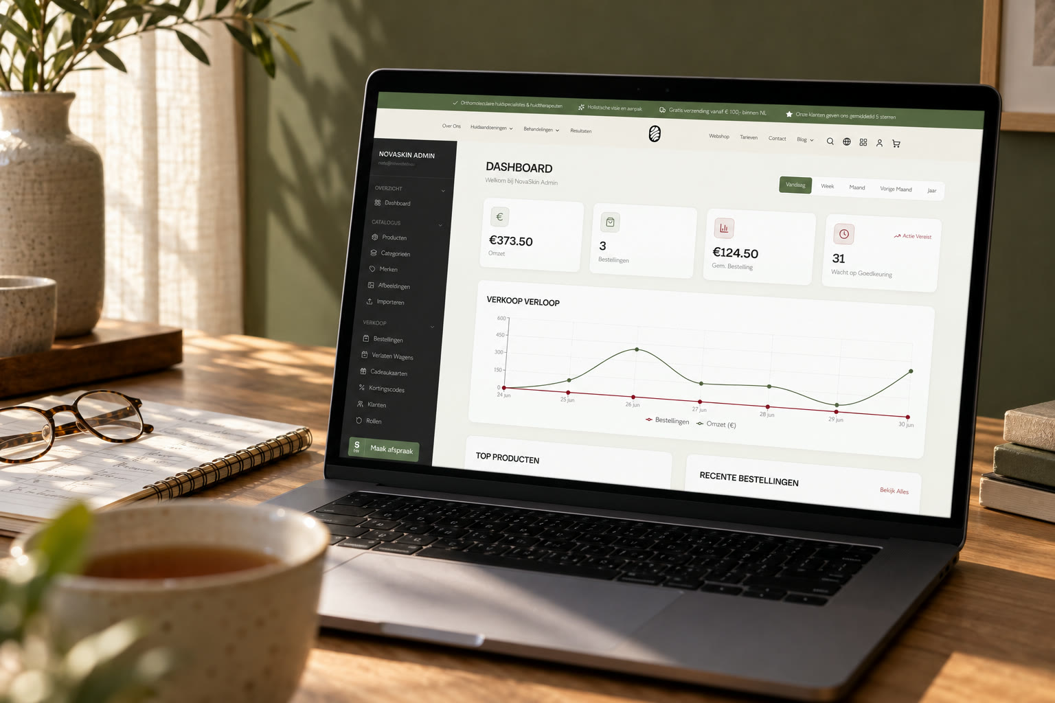 Het NovaSkin beheerdashboard op een laptop
