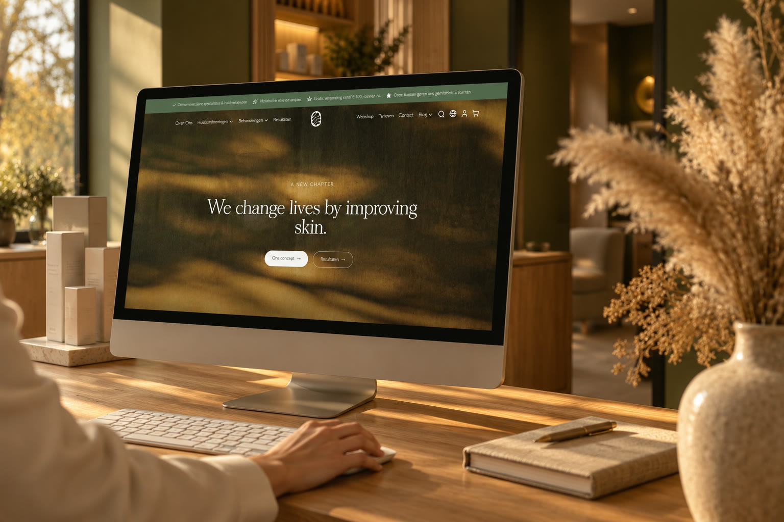 De NovaSkin website op het scherm bij de receptie van de kliniek